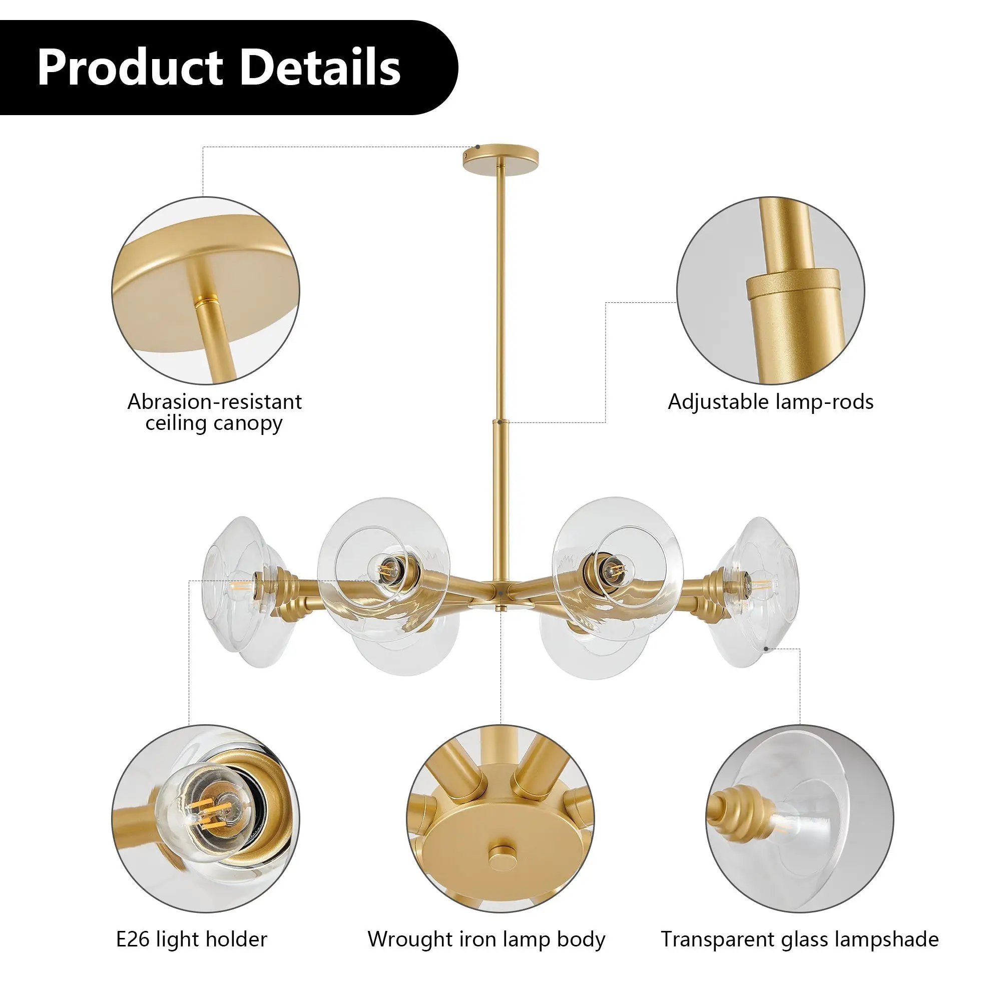 36" Modern Gold 8-Light Sputnik Chandelier with Clear Glass Shades by HouseOfZazla