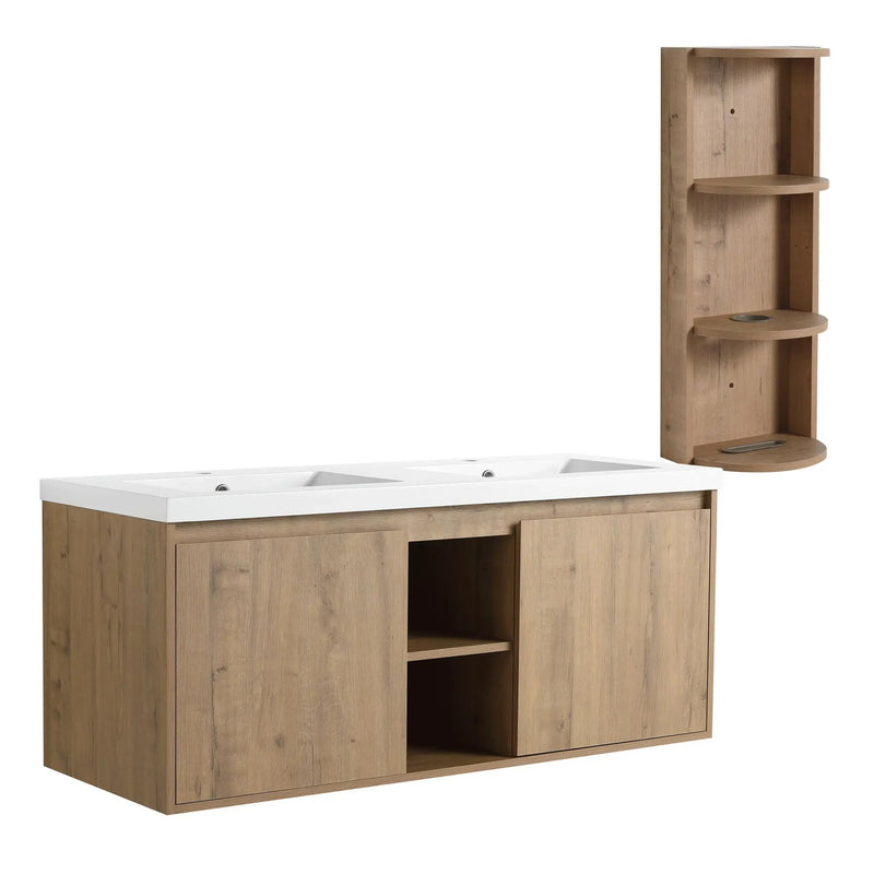 48" Wall Mounted Bathroom Vanity With Double Resin Sink And Storage Rack Soft Close Doors Plywood Construction - Imitative Oak by HouseOfZazla