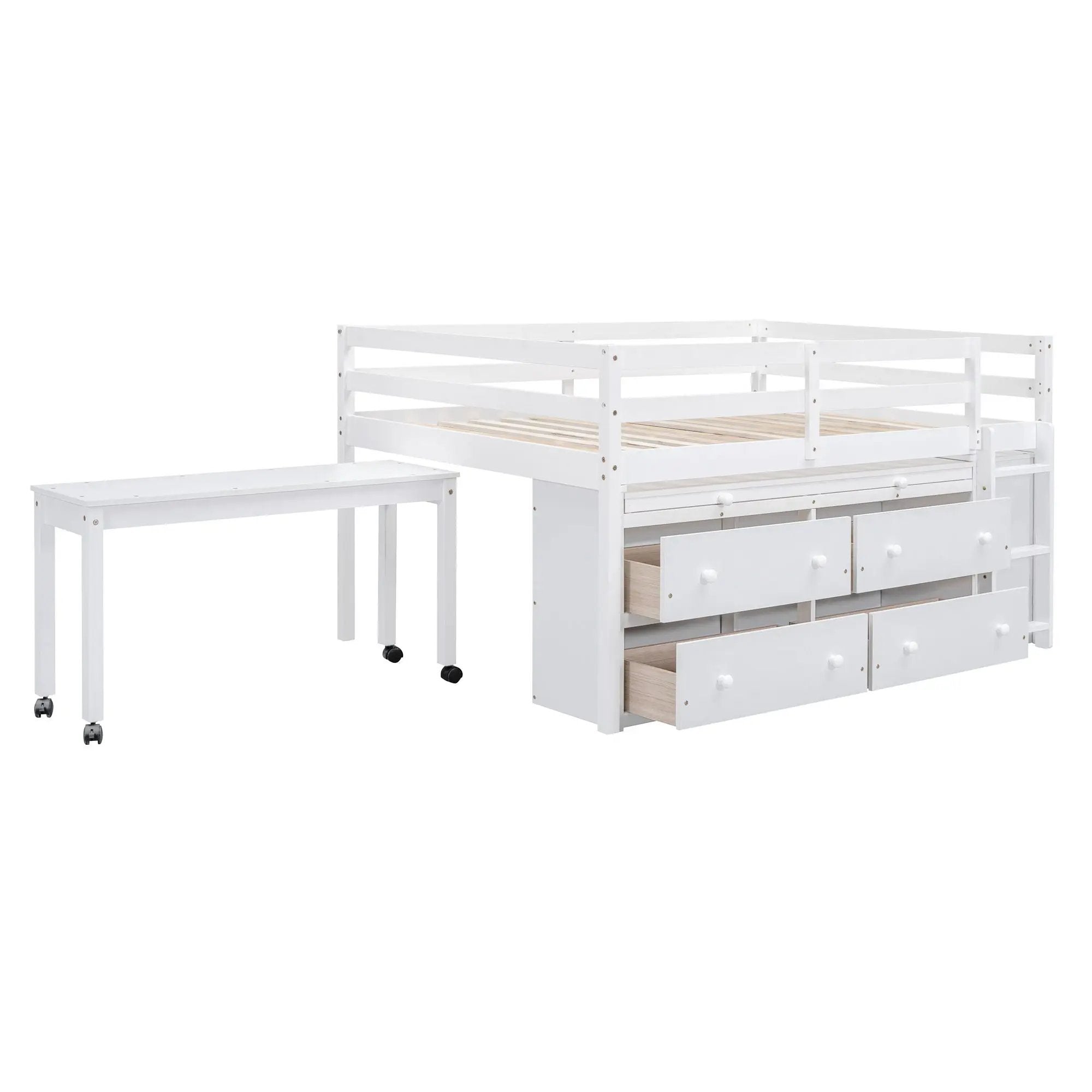 Loft Bed With Retractable Writing Desk And 4 Drawers, With Lateral Portable Desk And Shelves by Unique Piece Furniture
