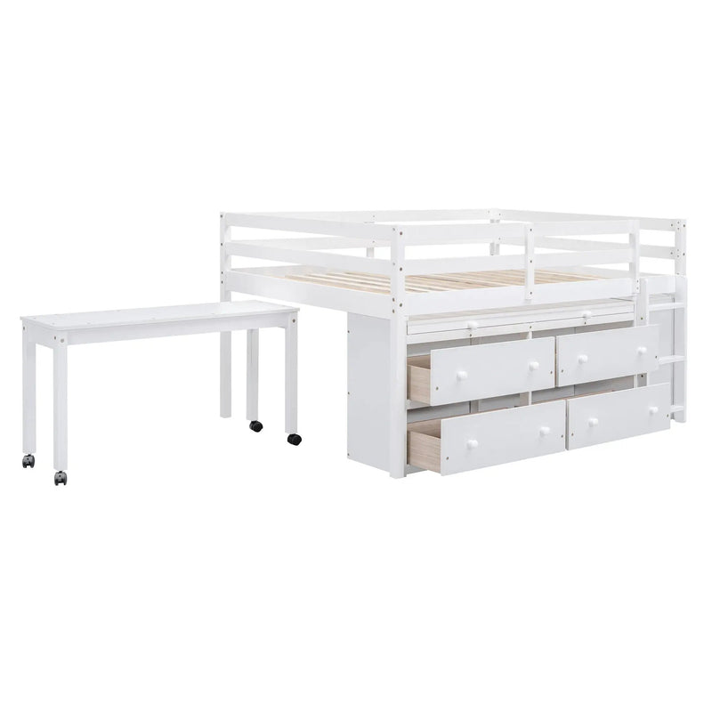 Loft Bed With Retractable Writing Desk And 4 Drawers, With Lateral Portable Desk And Shelves by Unique Piece Furniture