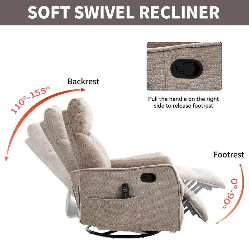 Khaki Heat Massage Manual Recliner Chair with Rocker and Swivel in Fabric for Living Room by HouseOfZazla