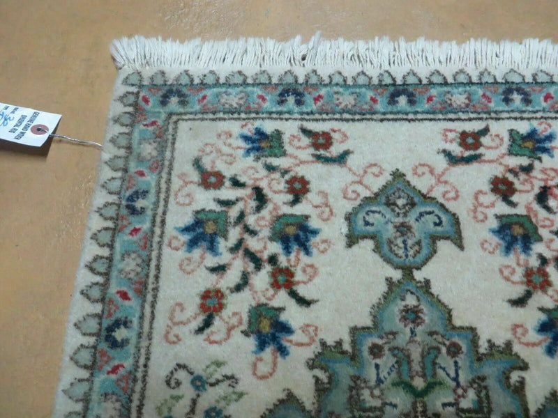 1' 9" X 2' 5" Handmade Indian Wool Rug Lahore Floral Design Small Oriental Rug Beige & Teal by Jewel Rugs