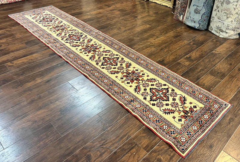 Afghan Heriz Runner Rug 2.9 x 12, Vintage Hand Knotted Persian Carpet for Hallway, 12ft Runner, Wool, Cream by Jewel Rugs