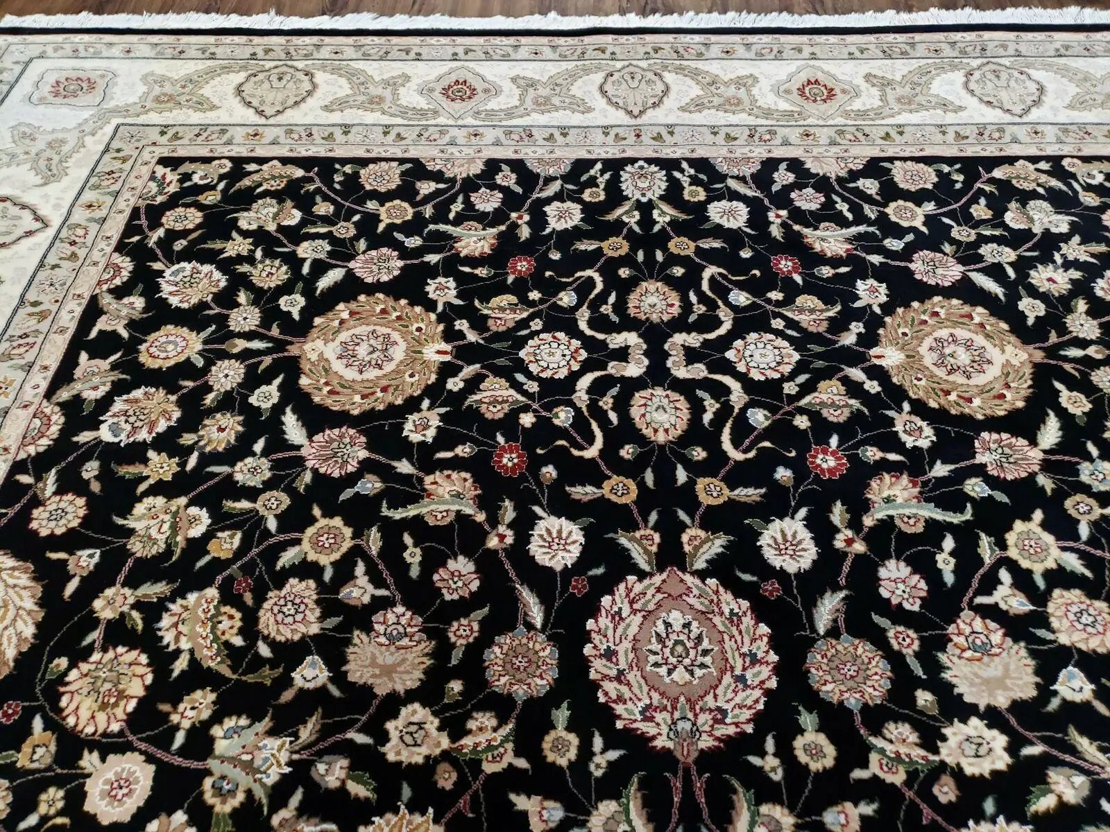 8' 5" X 11' 6" Vintage Handmade Oriental Floral Wool Rug Silk Accent Black Nice by Jewel Rugs