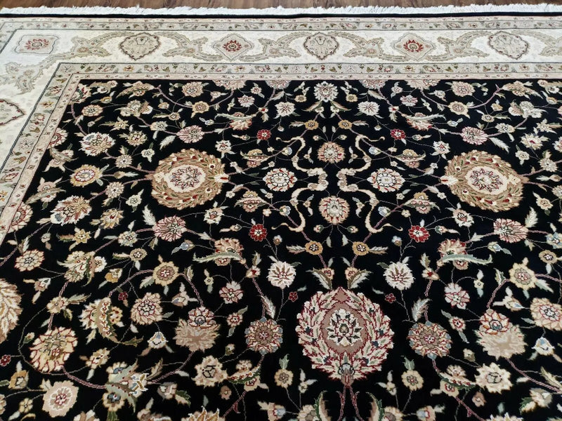 8' 5" X 11' 6" Vintage Handmade Oriental Floral Wool Rug Silk Accent Black Nice by Jewel Rugs