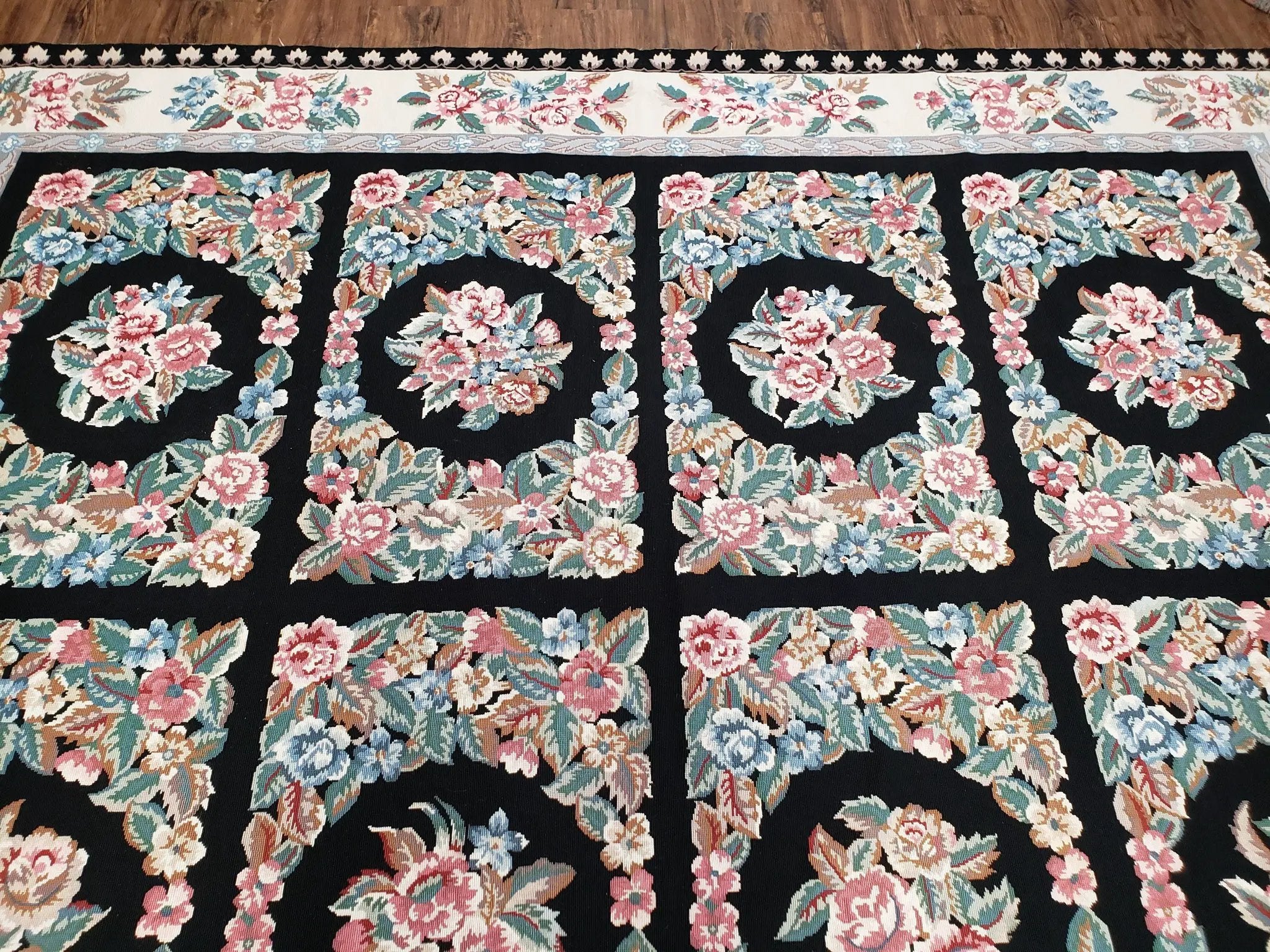 Floral Needlepoint Rug 9.5 x 13.6, Floral Panel Design, Black and Ivory Flatweave Aubusson Carpet, Multicolor by Jewel Rugs