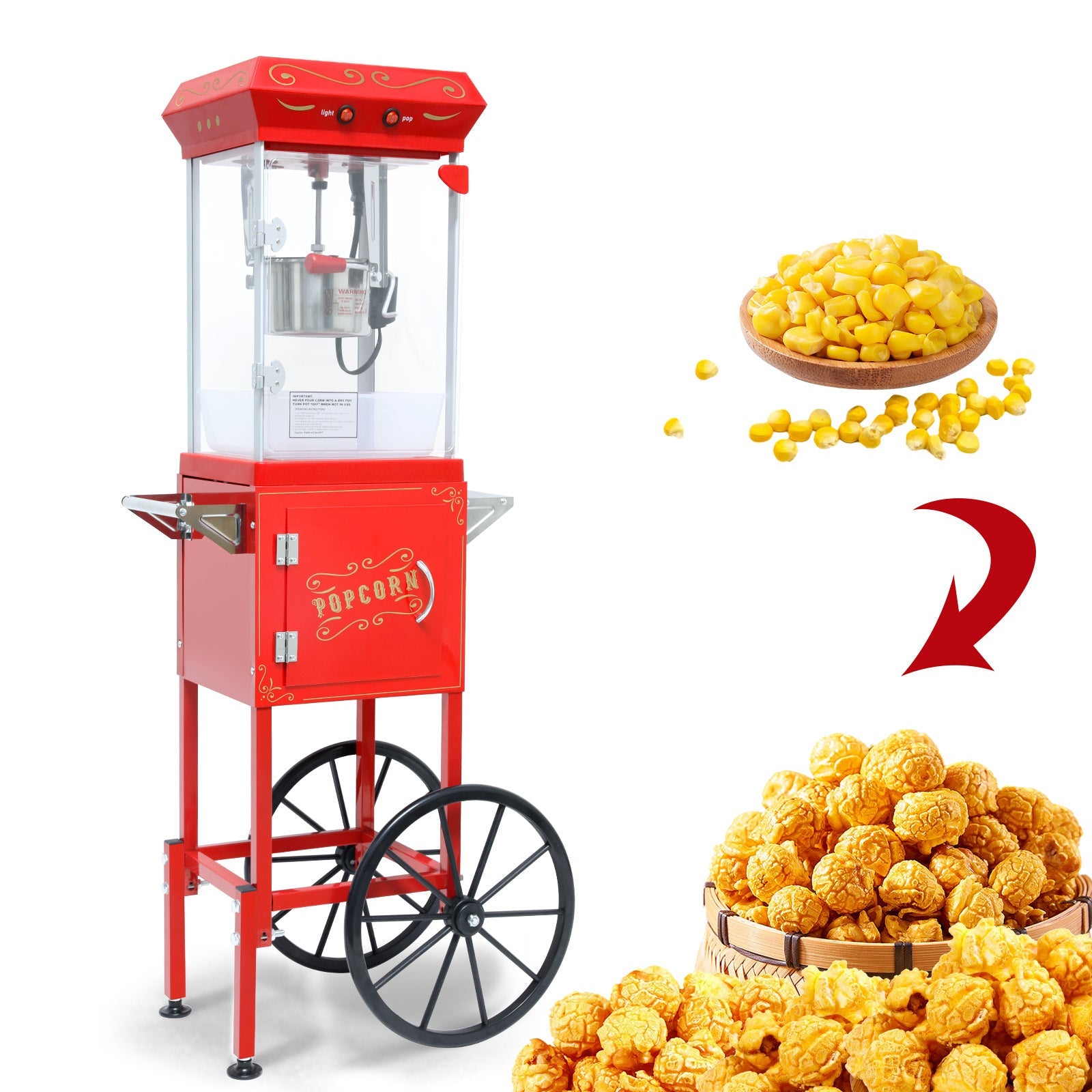 Popcorn Machine with Cart, 6 Oz Stainless Steel Pot by HouseOfZazla