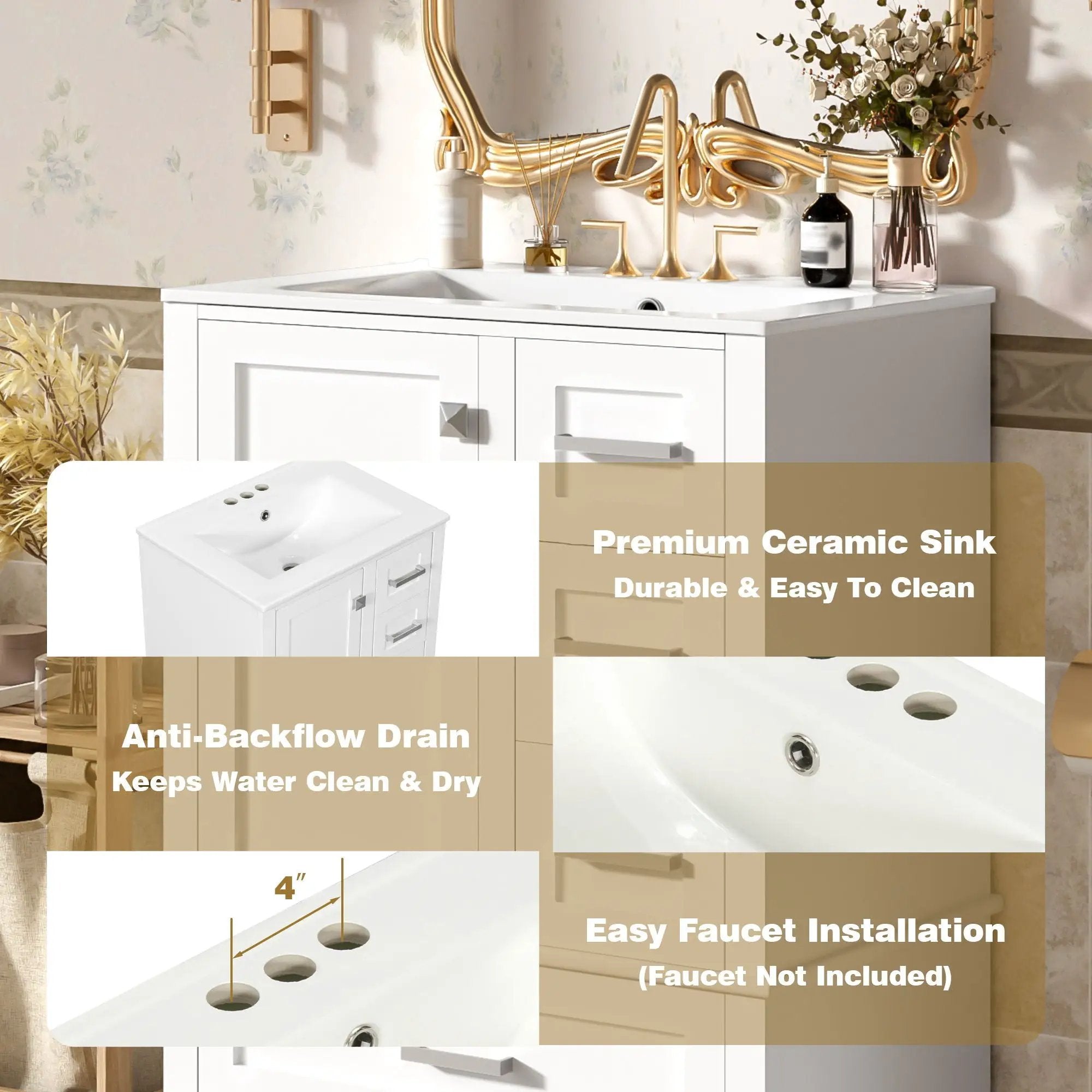 Bathroom Vanity, Modern Bathroom Cabinet With Sink Combo Set, Bathroom Storage Cabinet With A Soft Closing Door And 3 Drawers, Solid Wood Frame by HouseOfZazla