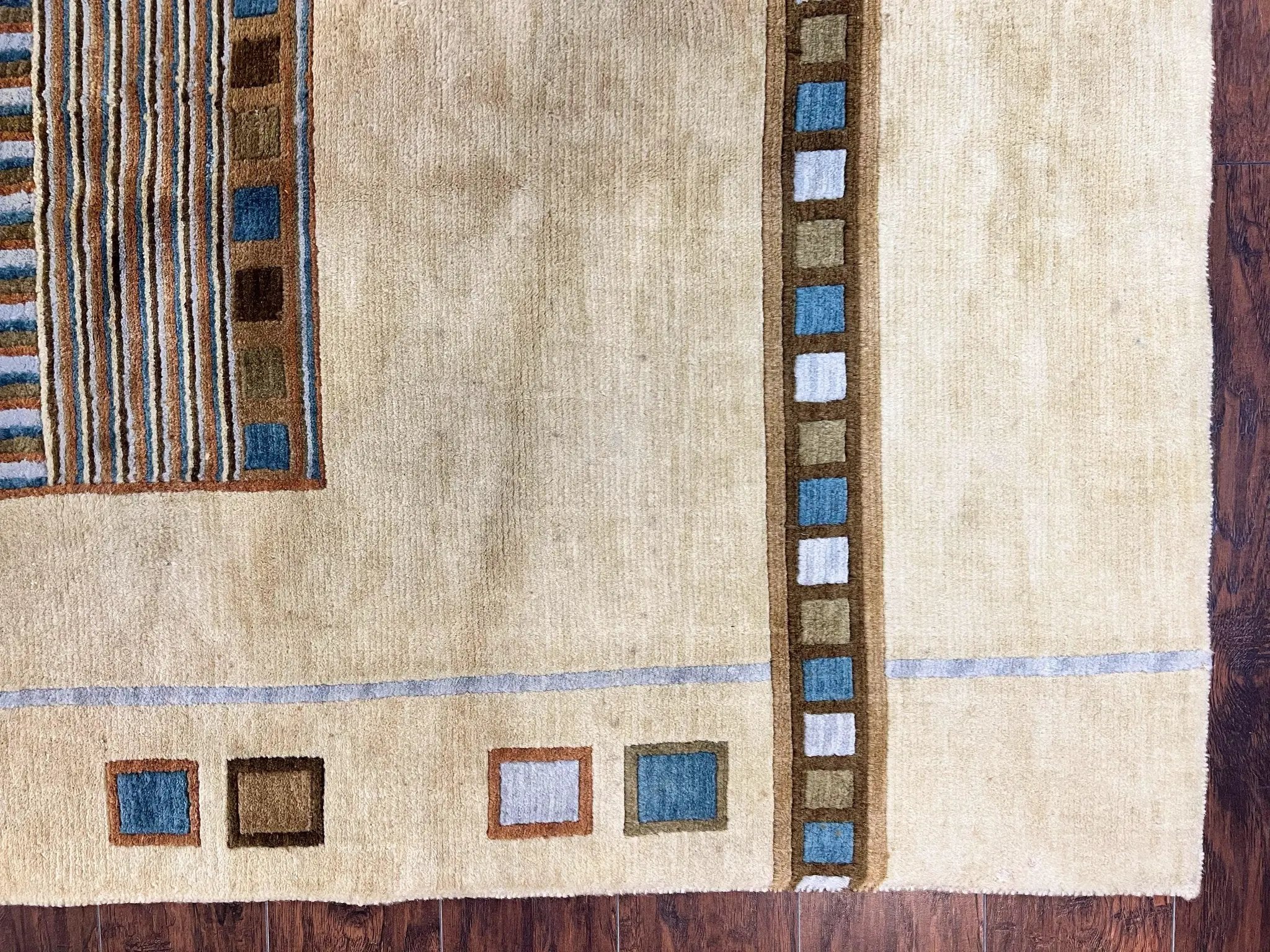 Tibetan Rug 5x8, Contemporary Rug 5 x 8 ft, Cream Brown Blue Hand-Knotted Wool w/ Silk Highlights Tibetan Carpet, Modern Rug by Jewel Rugs