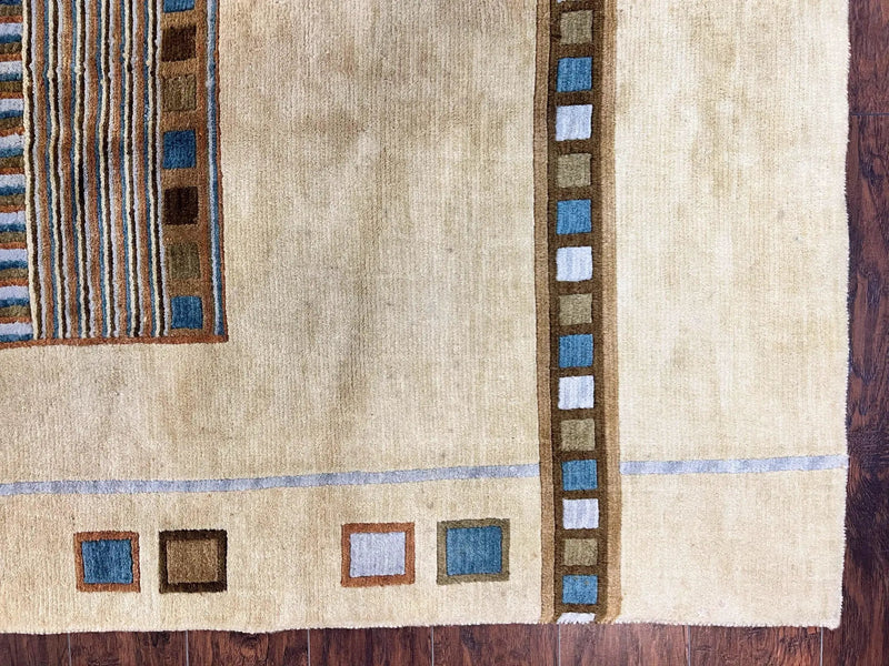 Tibetan Rug 5x8, Contemporary Rug 5 x 8 ft, Cream Brown Blue Hand-Knotted Wool w/ Silk Highlights Tibetan Carpet, Modern Rug by Jewel Rugs