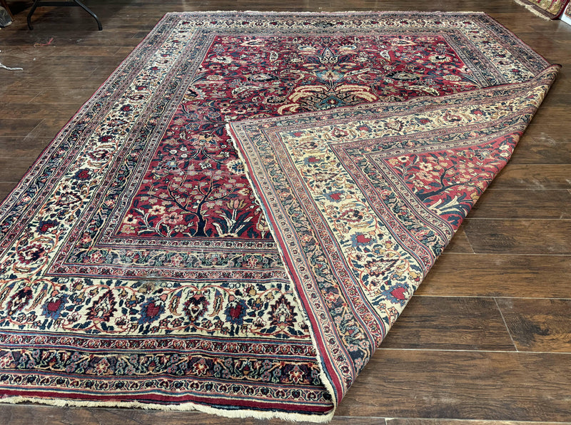Antique Persian Mashad Rug 10x12, Red and Ivory, Signed by Master Weaver by Jewel Rugs