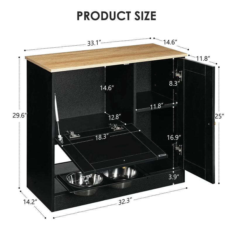 Feeding Station with 2 Lockers and Elevated Bowls Black by HouseOfZazla