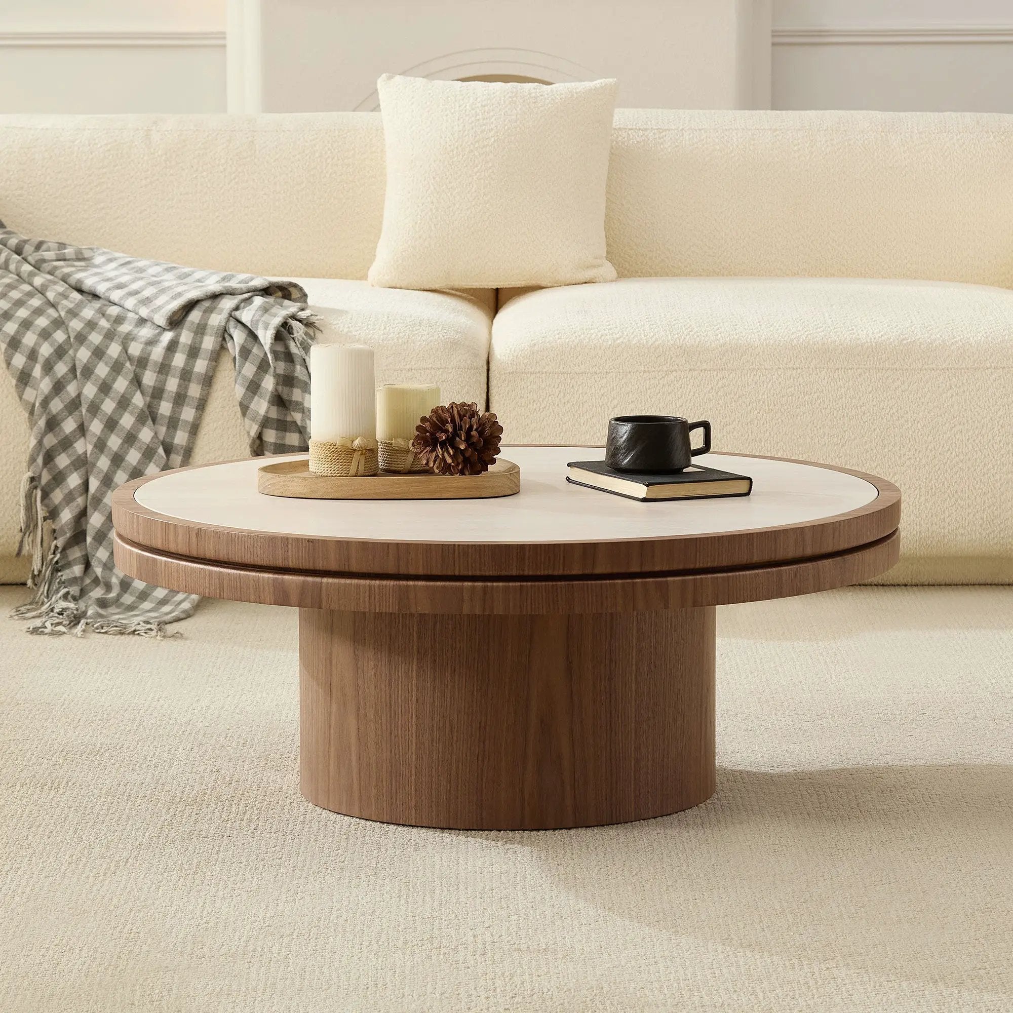35.43 Inch Coffee Table with Sintered Stone Tabletop in Walnut by HouseOfZazla