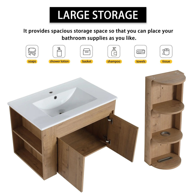 Modern Wall Mounted Bathroom Vanity With Sink And Storage Rack Soft Close Doors Plywood - Imitative Oak by HouseOfZazla