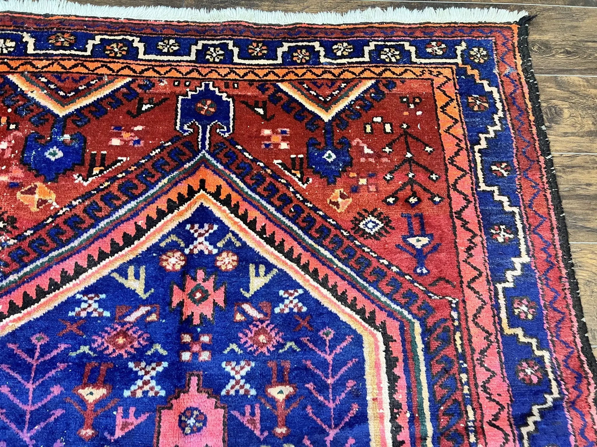 Persian Tribal Rug 5x7, Wool Handmade Vintage Hamadan Nahavand Carpet, Red & Navy Blue, Animal Motifs, Geometric Oriental Rug 5 x 7 by Jewel Rugs