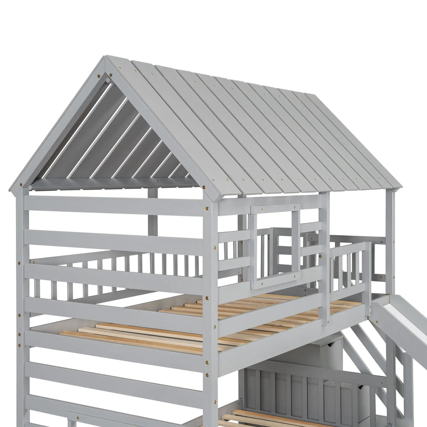 House Bunk Bed With Trundle, Storage Staircase, Roof And Window Design by HouseOfZazla