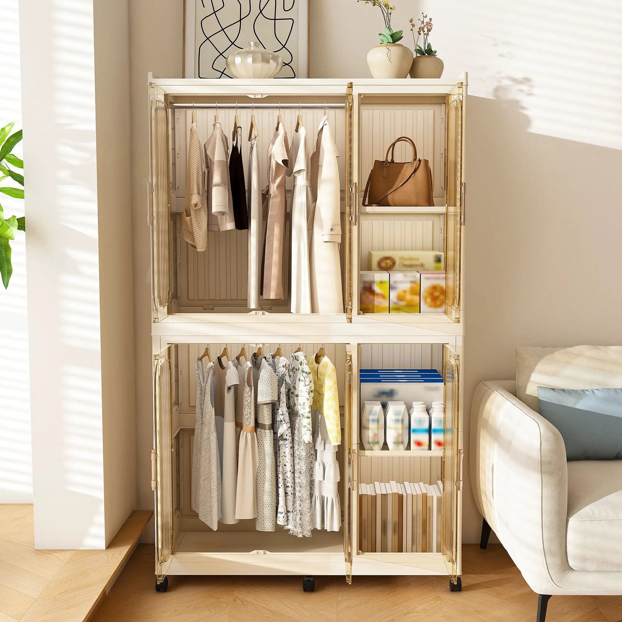 Portable Wardrobe Closet Storage Organizer For Clothes, 6 Magnetic Doors With 6 Cubes & 2 Hanging Rods, 6 Hangers - Cream White by Unique Piece Furniture