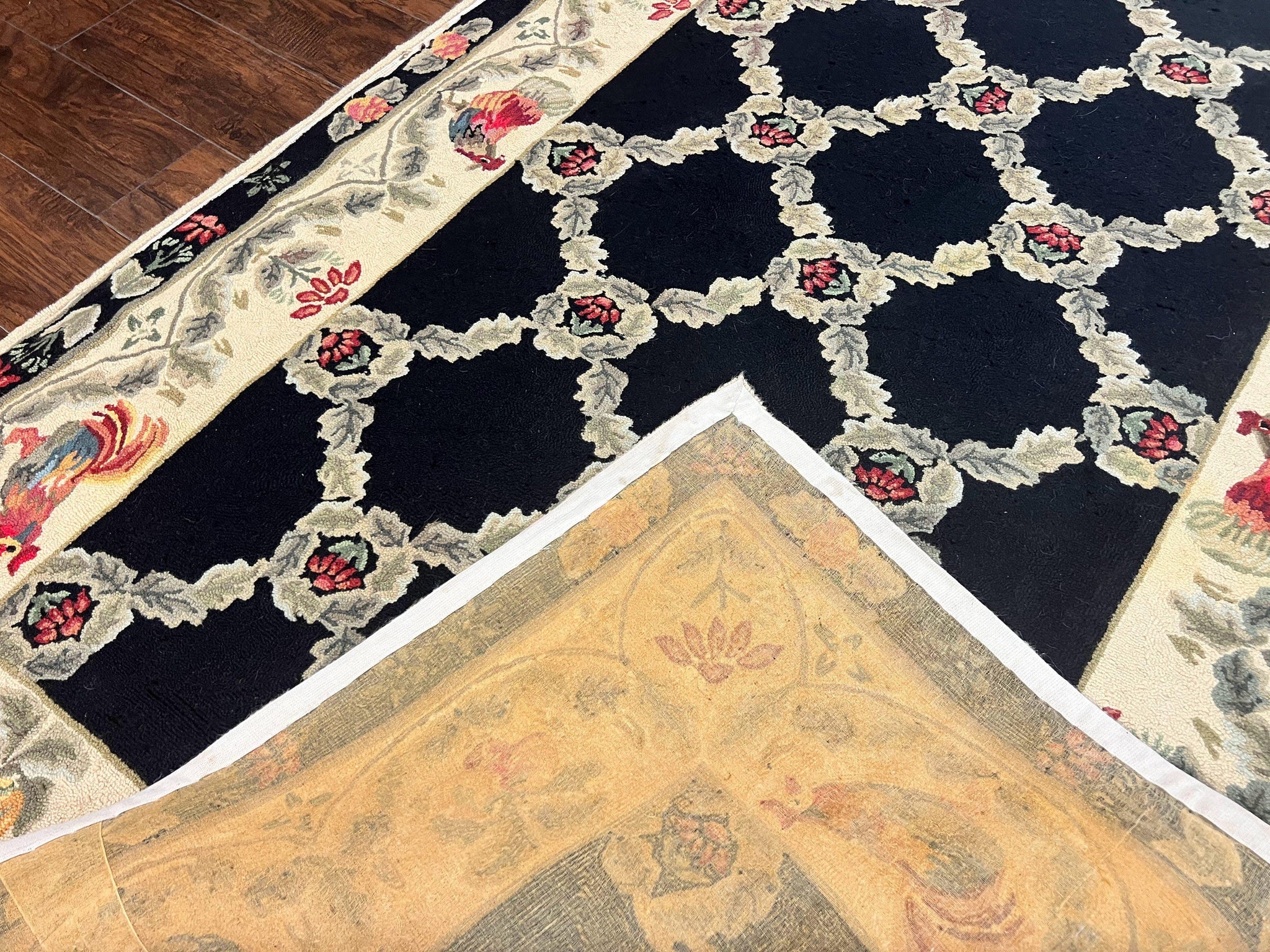 Hooked Rug 5x8, European Aubusson Pattern, Black and Ivory, Roses & Roosters, Vintage Wool Rug by Jewel Rugs