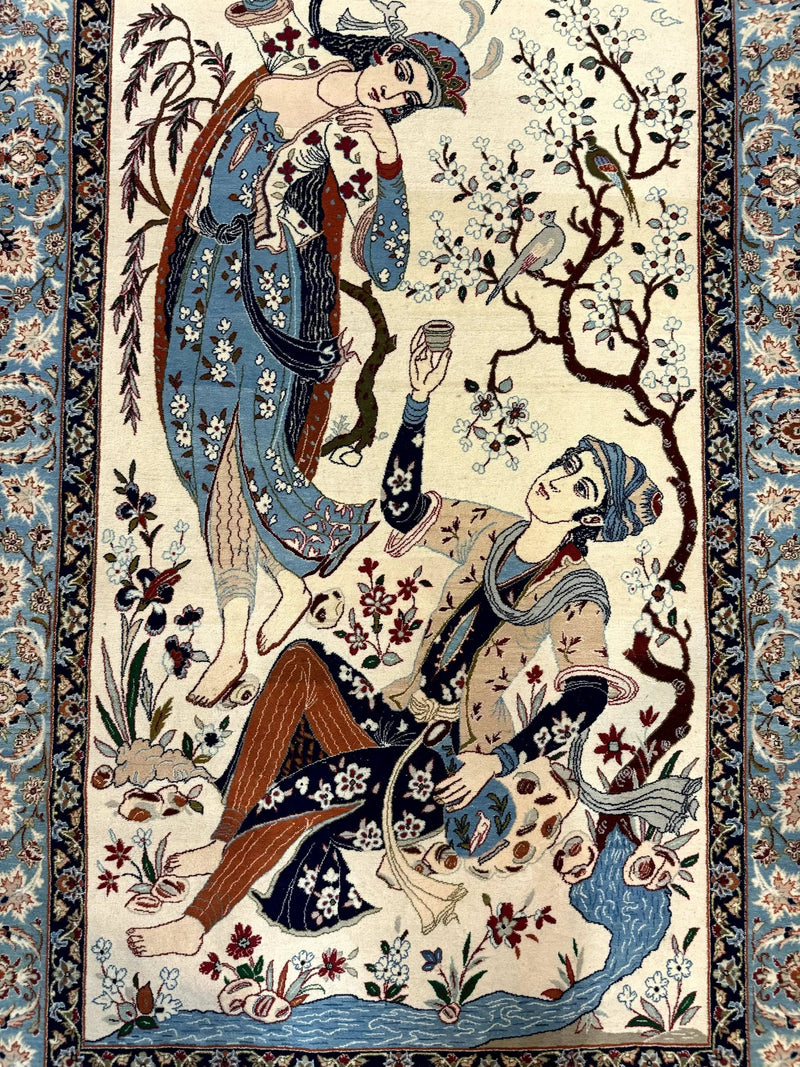 Persian Isfahan Pictorial Rug, Two Lovers, Kork Wool on Silk Foundation, Ivory and Light Blue, 500 KPSI Super Fine by Jewel Rugs