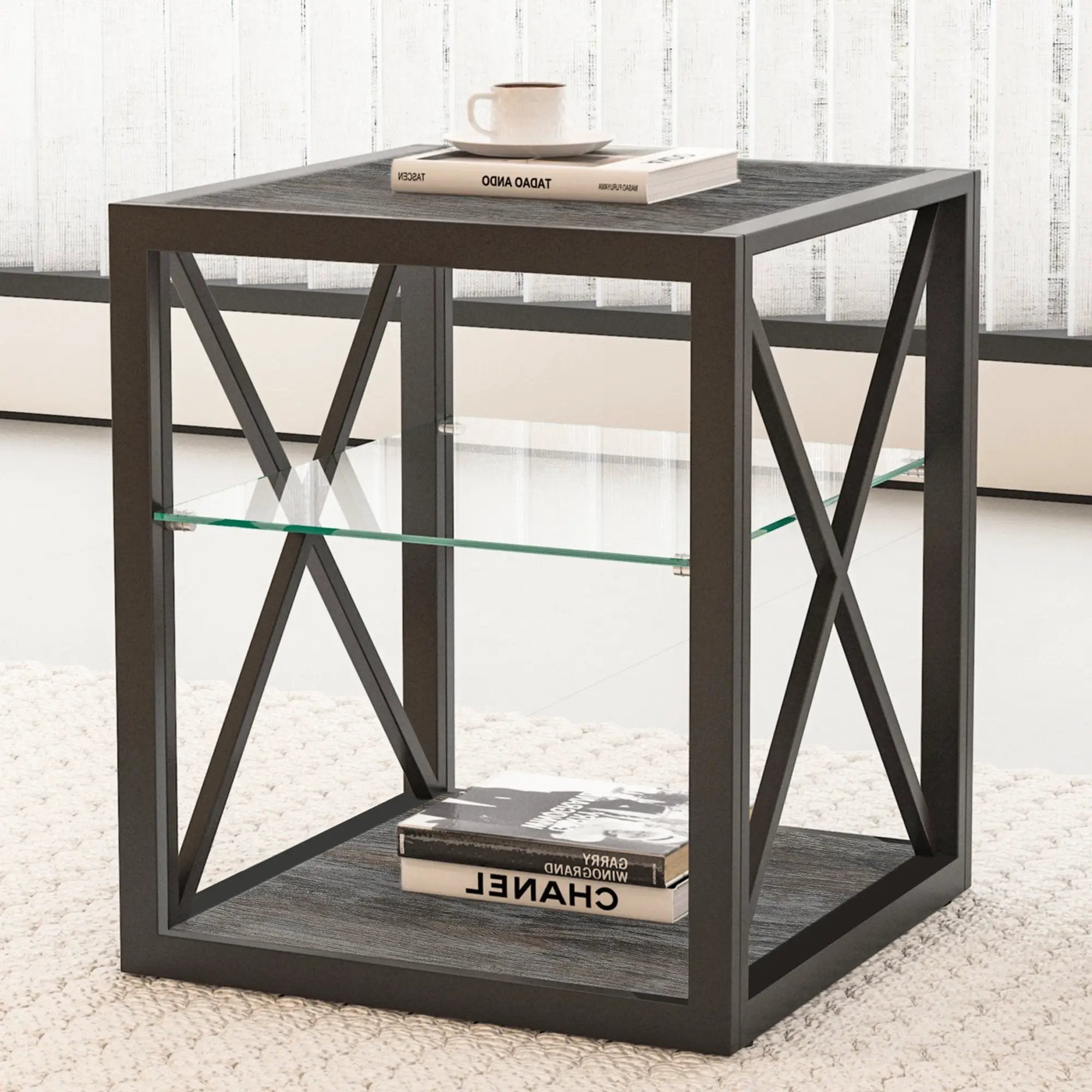 Modern End Table Nightstand with Tempered Glass & Wood Grain MDF by HouseOfZazla