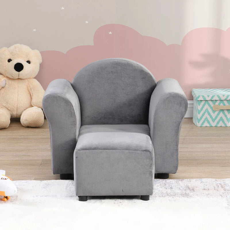 Kids Velvet Upholstered Chair With Ottoman For Comfortable Seating - Gray by Unique Piece Furniture