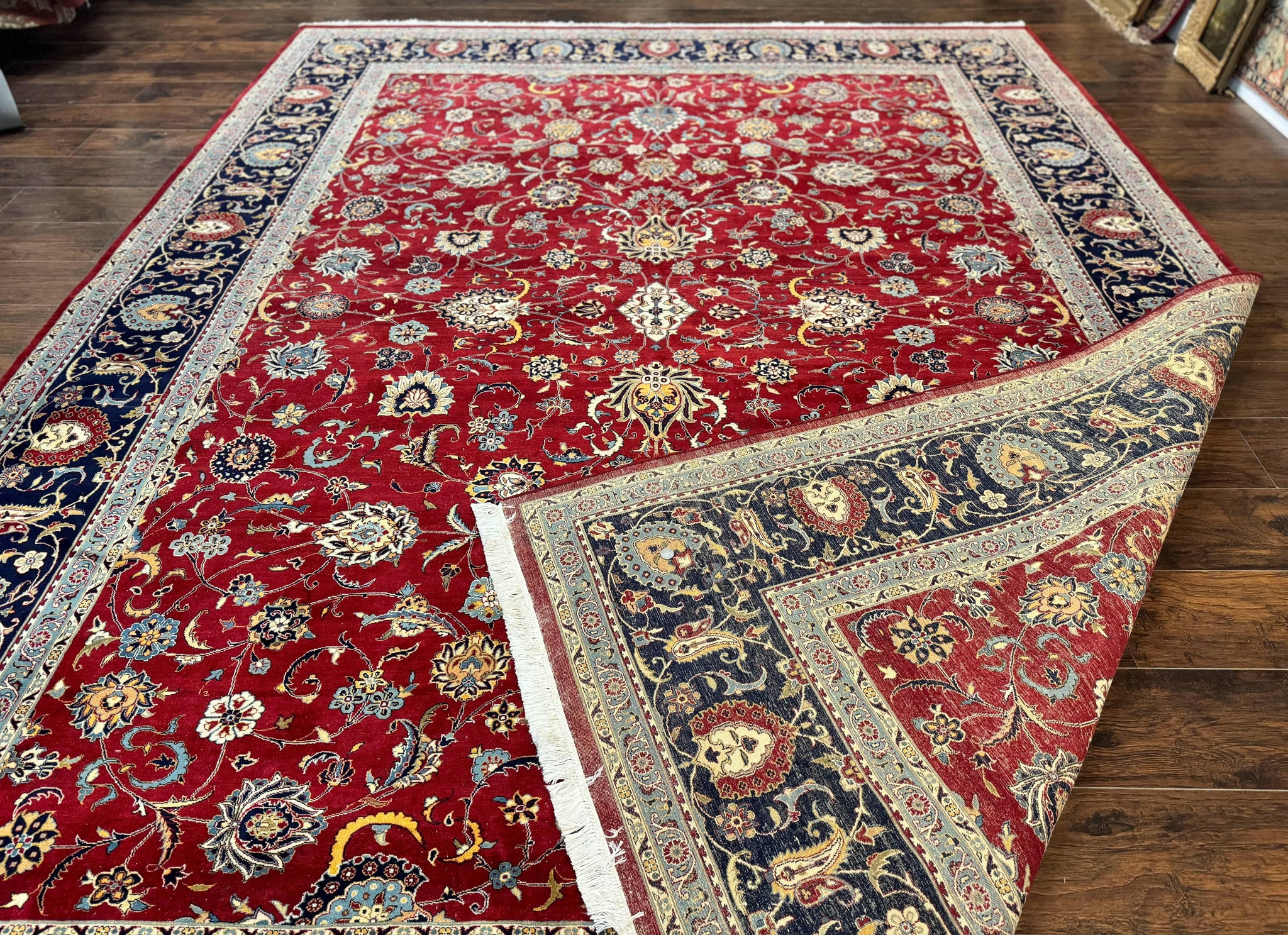 Pak Persian Rug 9x12, Red and Navy Blue, Floral Allover, Hand Knotted Vintage Wool Carpet, Fine 260 KPSI by Jewel Rugs