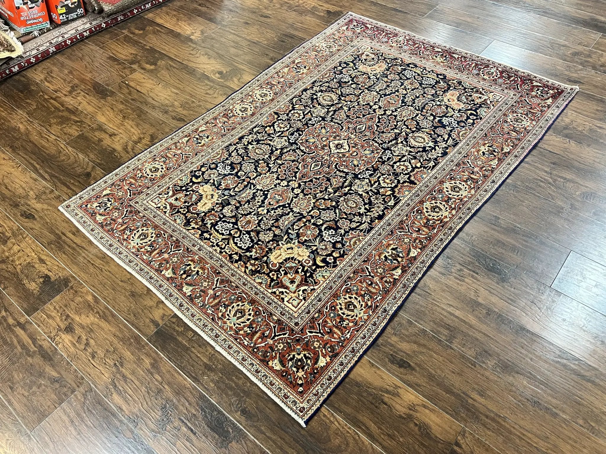 Persian Kashan Rug 4x7, Floral Medallion Vintage Handmade Hand Knotted Navy Blue & Red Wool Oriental Carpet, Highly Detailed Semi Antique Rug by Jewel Rugs