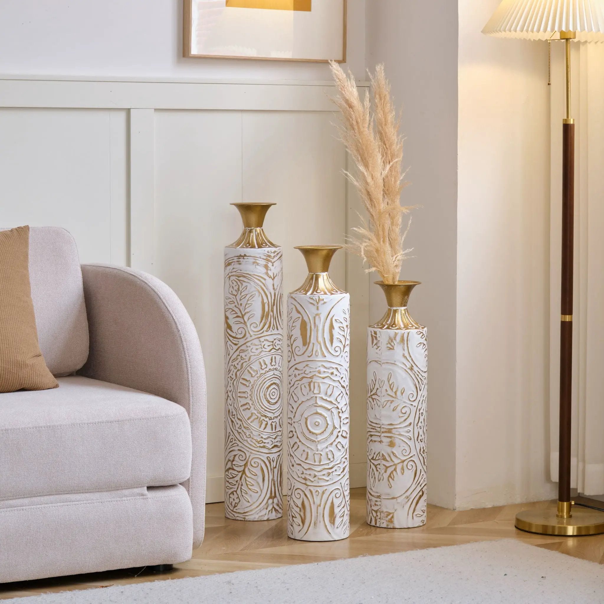 Floor Metal Vases Decorated Metal Vases (Set of 3) Gorgeous Home Decoration Large Glazed Metal Vases - White / Gold by HouseOfZazla