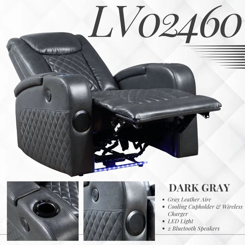 Alair - Leather Aire Power Motion Recliner With Bluetooth, Wireless Charger Cupholder - Dark Gray by Unique Piece Furniture