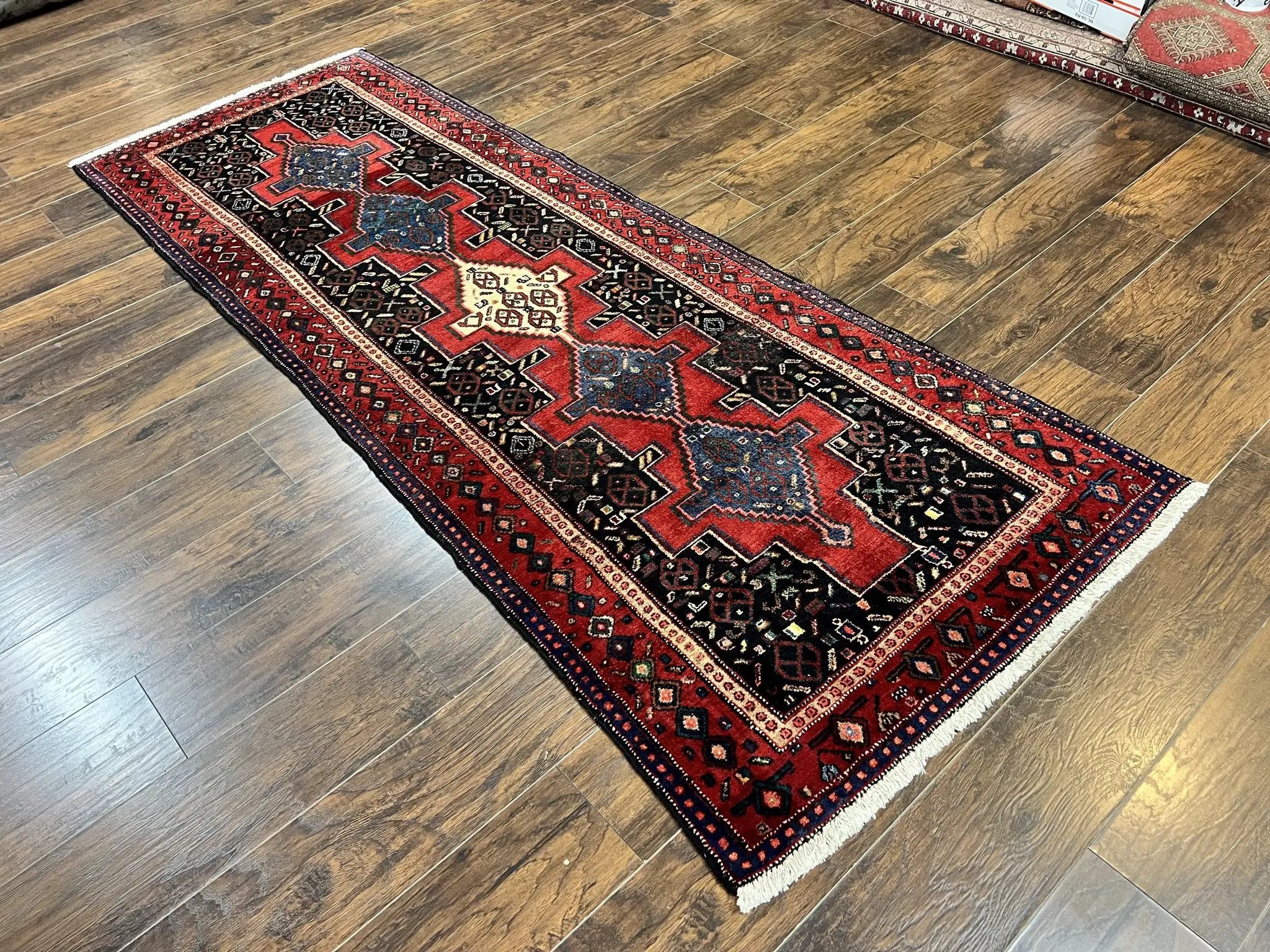 Persian Kurdish Senneh Runner Rug 3x9, Red Navy Blue, Medallions Wool Tribal Runner for Kitchen/Hallway 9ft Antique Handmade Oriental Runner by Jewel Rugs