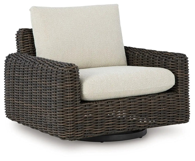 Kimora - 7 Pc. - 4-Piece Outdoor Sectional, Swivel Glider Lounge, Cocktail Table, End Table - Beige / Dark Brown by Unique Piece Furniture