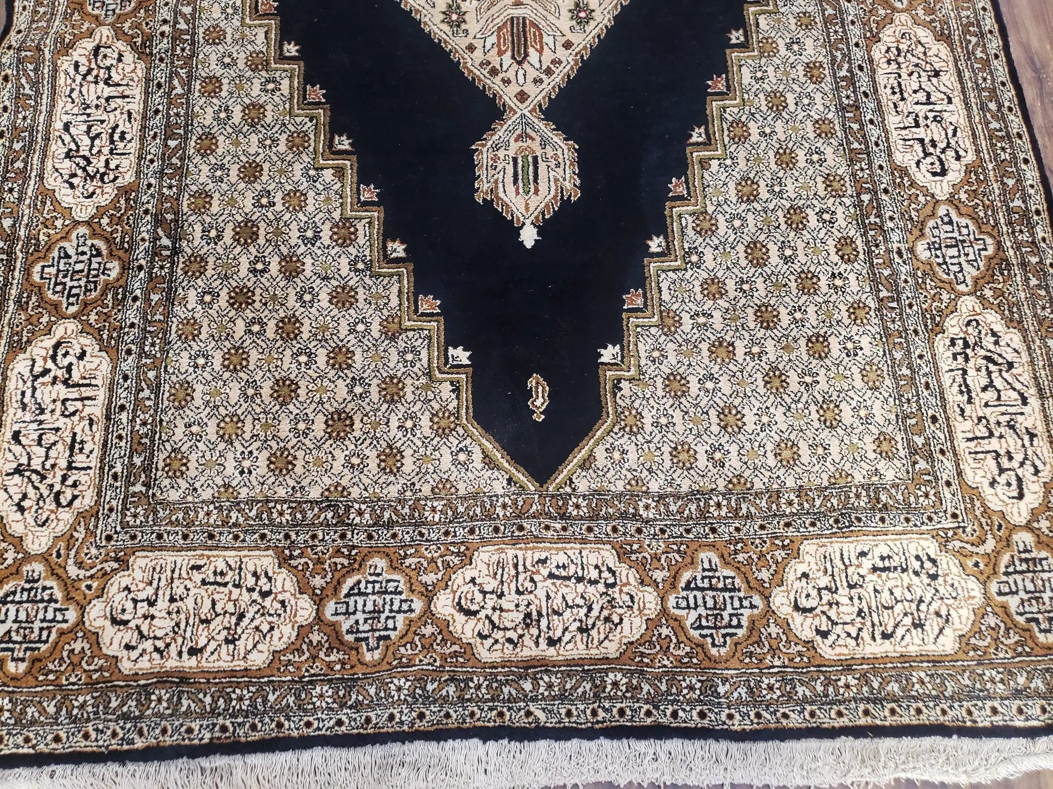 Persian Silk Qum Rug, Silk on Silk, Black Golden Brown and Beige, Hand-Knotted, 3'6" x 5' 5" by Jewel Rugs
