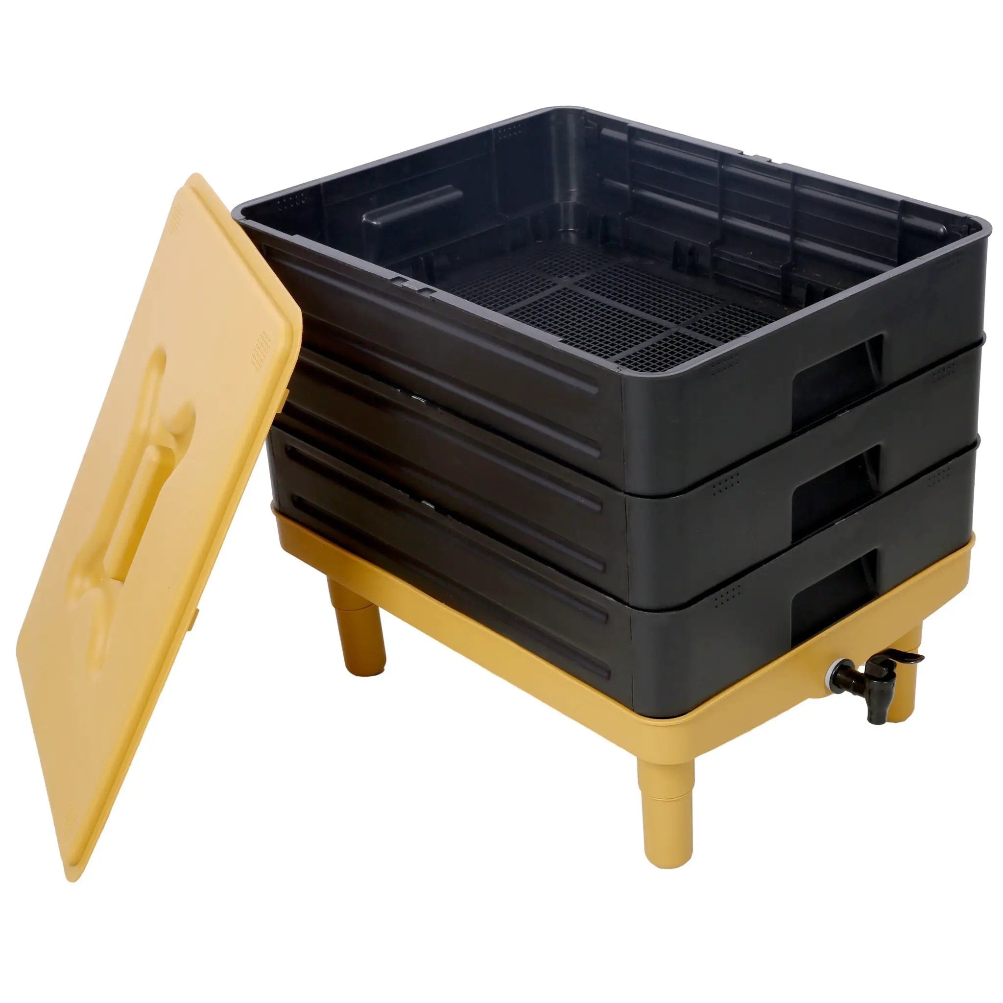 Durable 3 Tray Worm Farm Kit For Efficient Vermicomposting, 65L Capacity - Yellow / Black by HouseOfZazla