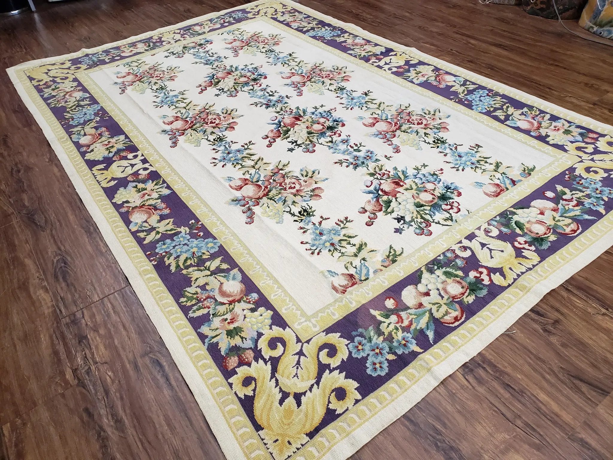 Vintage Chinese Floral Needlepoint Area Rug 6x9, Wool Hand-Woven Handmade Flatweave Rug, Ivory & Purple, Fruits Grapes Apples, Dining Room by Jewel Rugs
