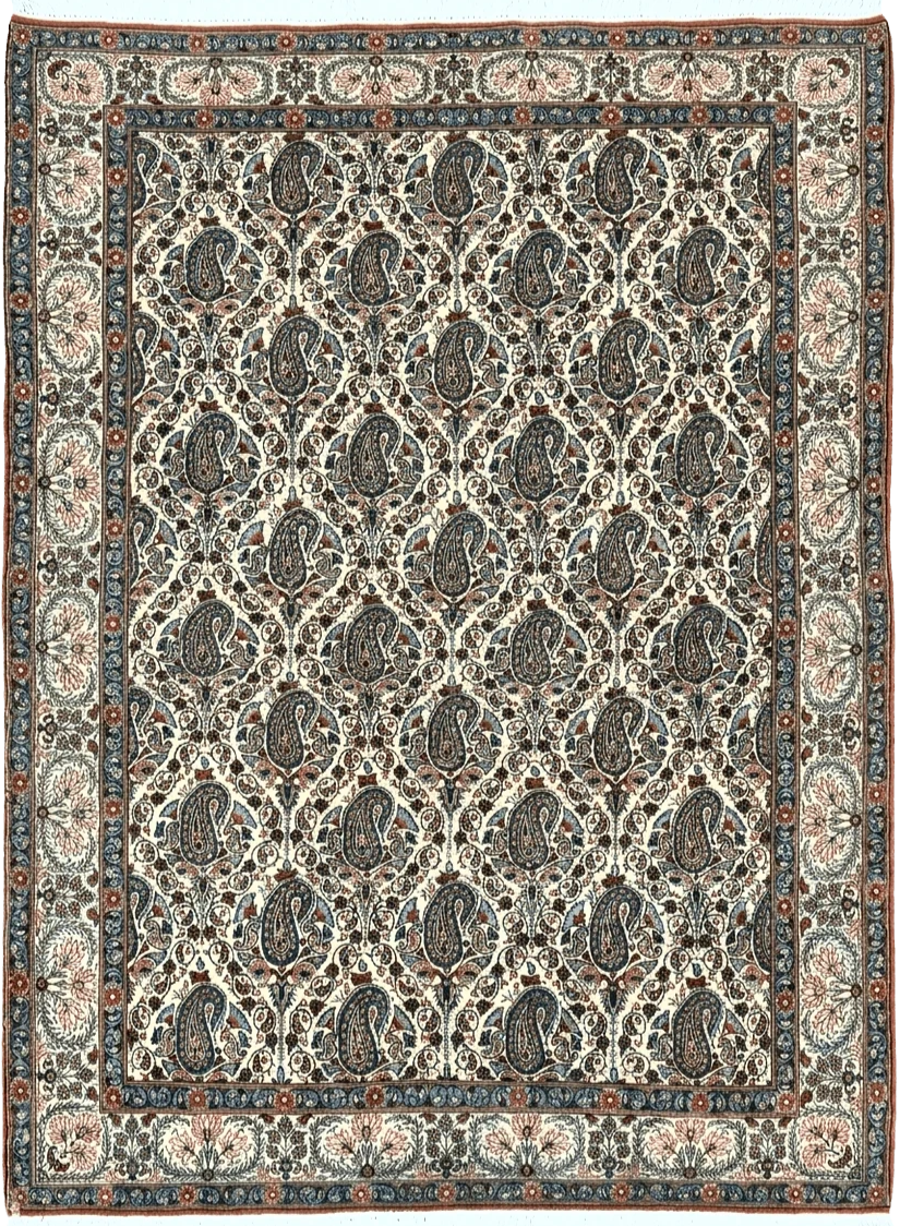 Persian Qum Rug 5x6, Cream Wool Hand Knotted Carpet, Repeated Boteh Paisely Design, Semi Antique Vintage Rug, Very Fine Weave 5 x 6 Rug by Jewel Rugs