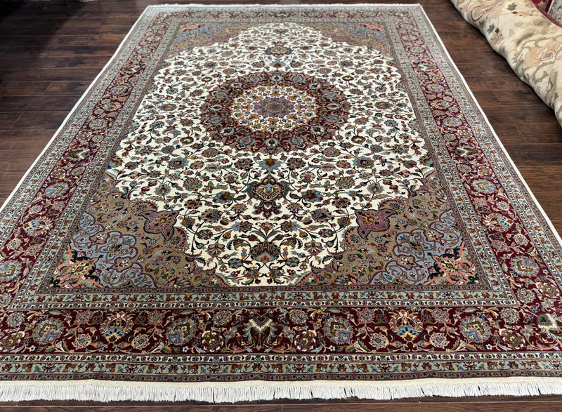 Persian Tabriz Rug 8x11, Floral Medallion Traditional Area Rug, Fine 300 KPSI, Ivory Maroon by Jewel Rugs