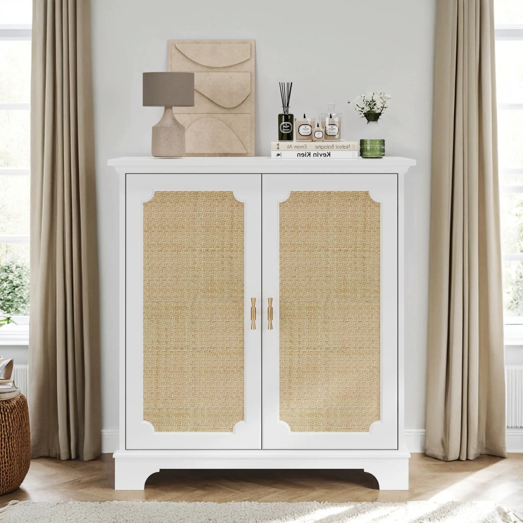 Rattan Decorated Sideboard Buffet Storage Liquor Cabinet - White