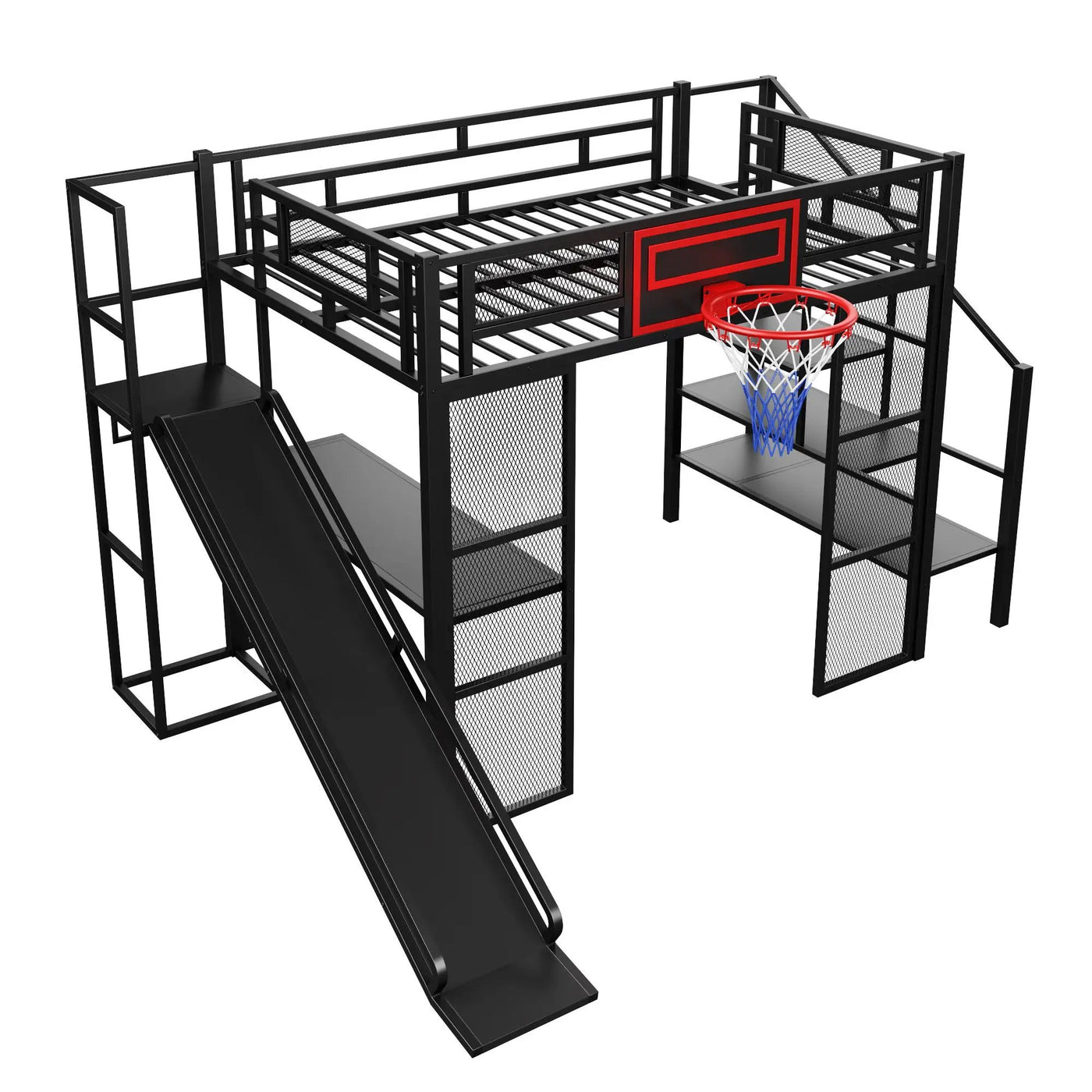 Loft Bed With Built In Desk, Open Wardrobe, Basketball Hoop, Slide And Staircase by HouseOfZazla