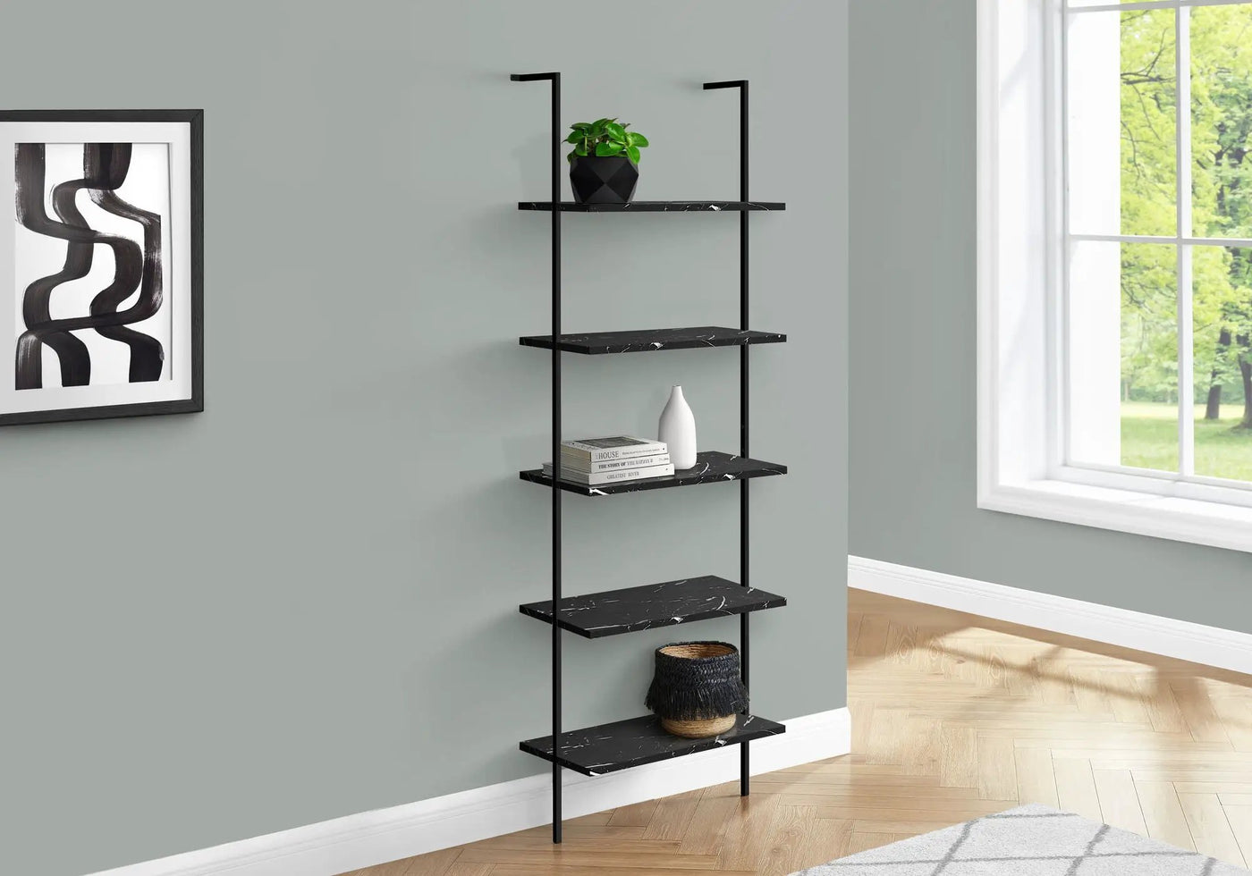 Bookshelf, Bookcase, Etagere, Ladder, 5 Tier, For Office, Marble Look Contemporary & Modern by Unique Piece Furniture
