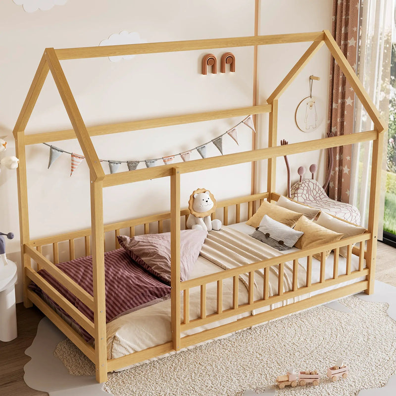Twin Size Floor Wooden Bed with House Roof Frame, Fence Guardrails by HouseOfZazla