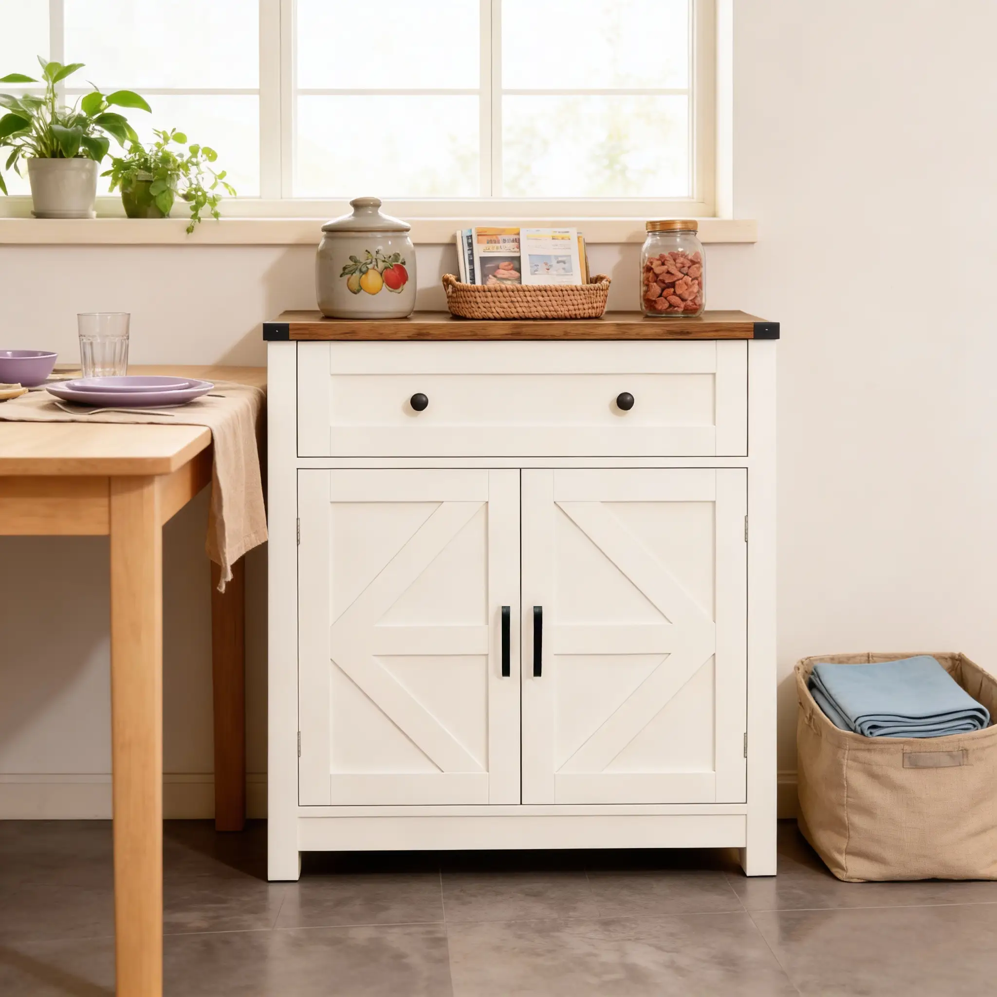 White & Wood-Grain Top Farmhouse Barn-Door Storage Cabinet by HouseOfZazla
