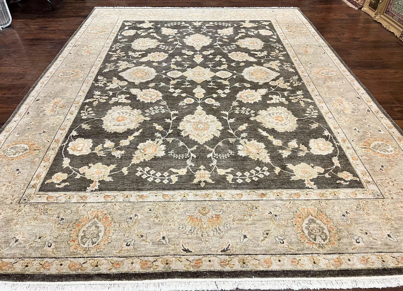 Indo Persian Rug 9x12, Sultanabad Indian Carpet, Dark Brown, Hand Knotted Vintage Wool Rug by Jewel Rugs