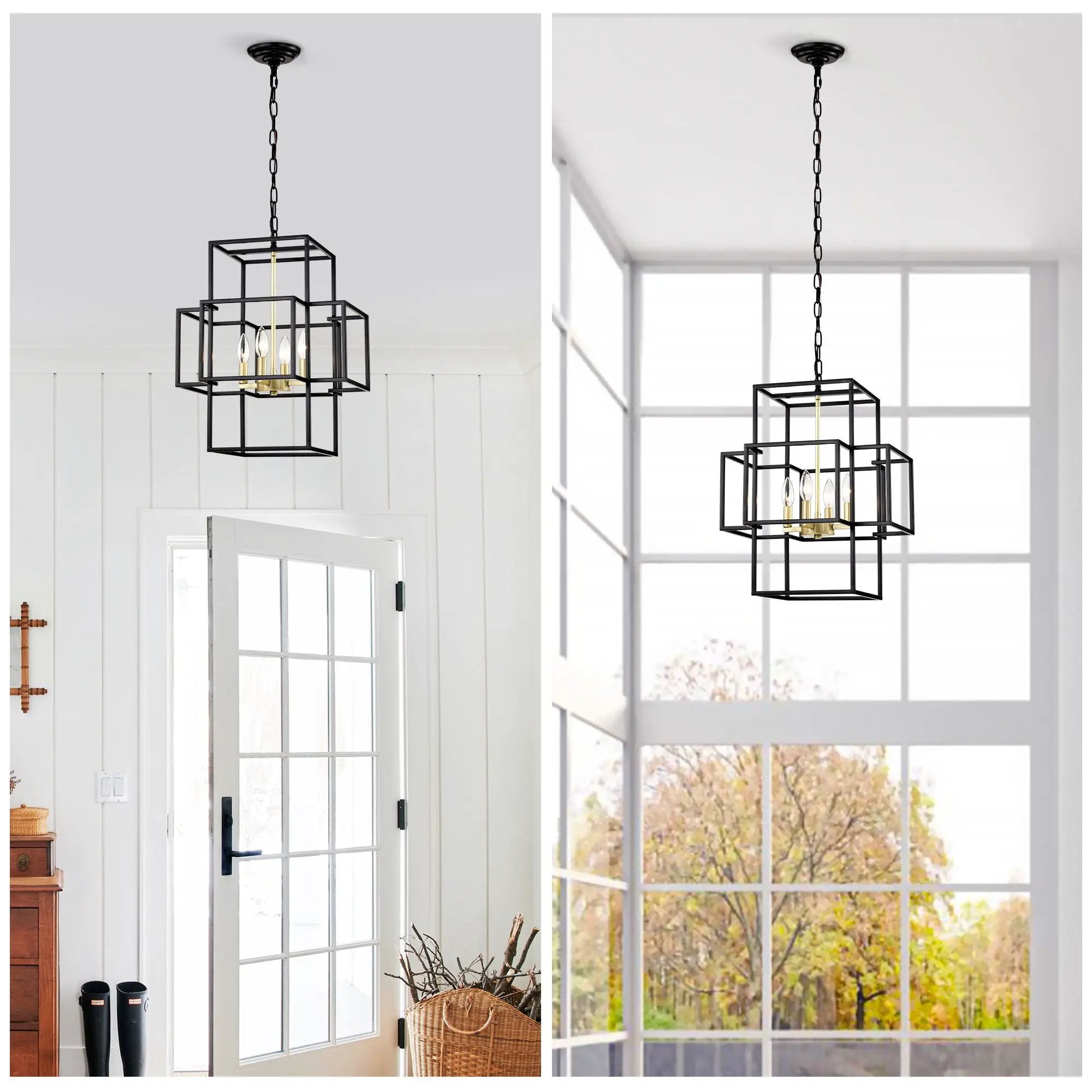 4 Light Metal Lantern Tiered Pendant Hanging Light Fixtures, Industrial Farmhouse Adjustable Height Chandeliers For Dining Room Hallway Foyer Entryway (E12 Bulbs Not Included) by Unique Piece Furniture