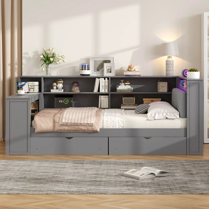 Platform Bed With Upholstered Headboard, Storage Shelves, Drawers, Charging Station, LED Lighting, Built In Desk by HouseOfZazla