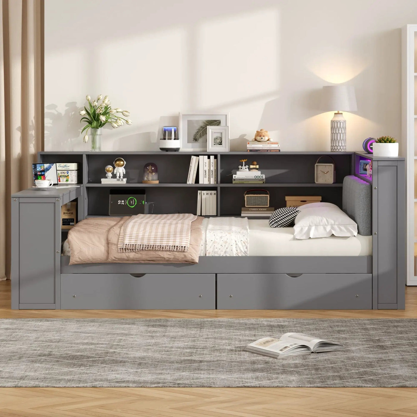 Platform Bed With Upholstered Headboard, Storage Shelves, Drawers, Charging Station, LED Lighting, Built In Desk by Unique Piece Furniture
