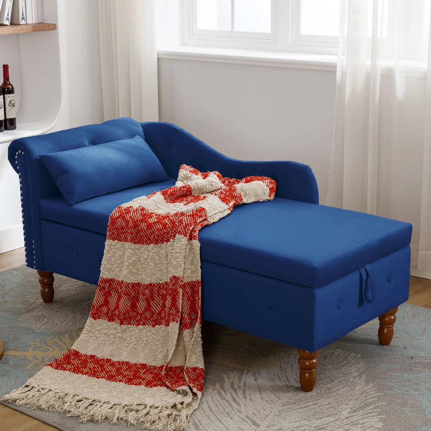 Chaise Lounge Indoor, Lounge Chair For Bedroom With Storage & Pillow, Modern Upholstered Rolled Arm Chase Lounge For Sleeping With Nailhead Trim For Living Room Bedroom Office by Unique Piece Furniture
