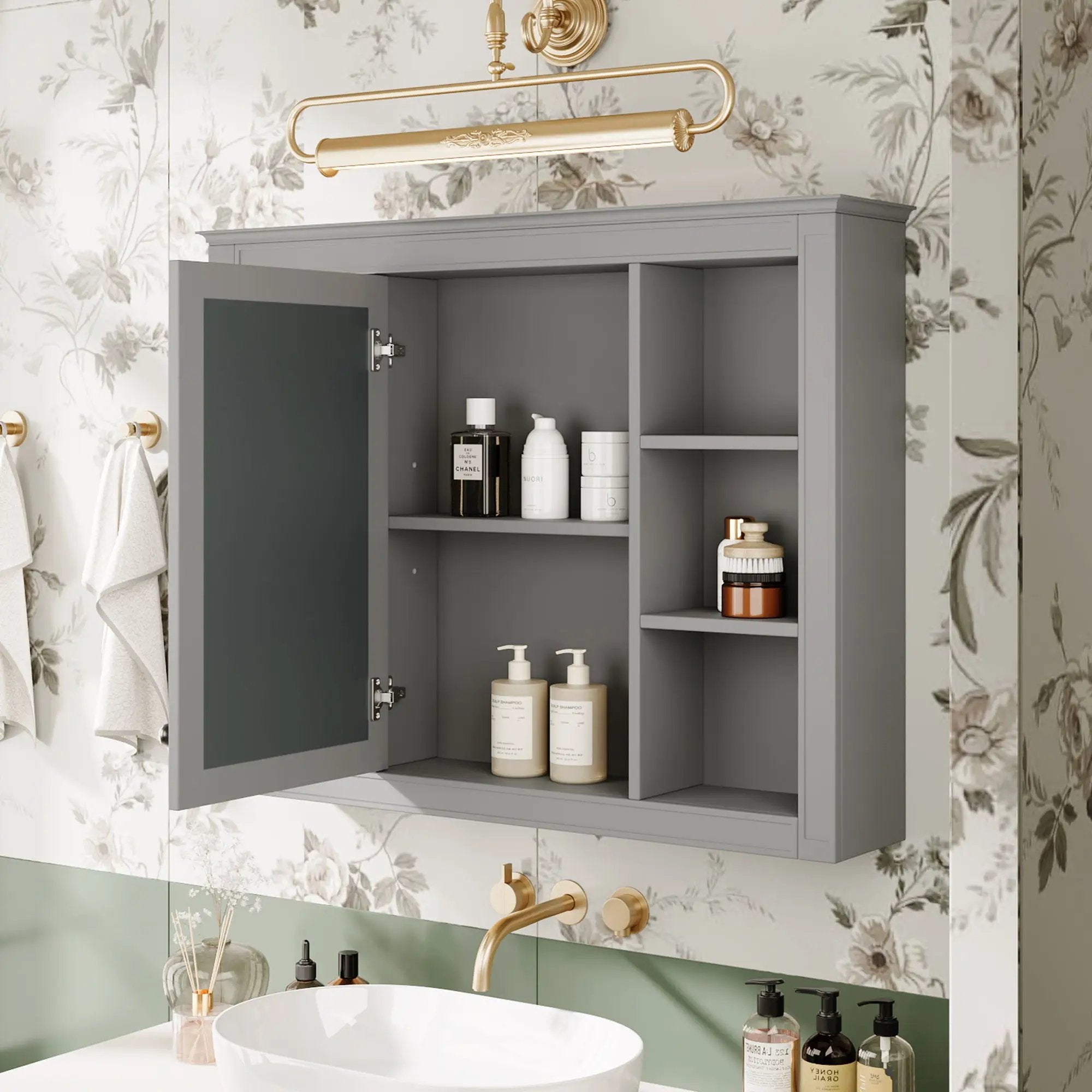 Wall Mounted Medicine Cabinet With Mirror, Storage Cabinet Featuring 6 Open Shelves And Adjustable Interior by Unique Piece Furniture