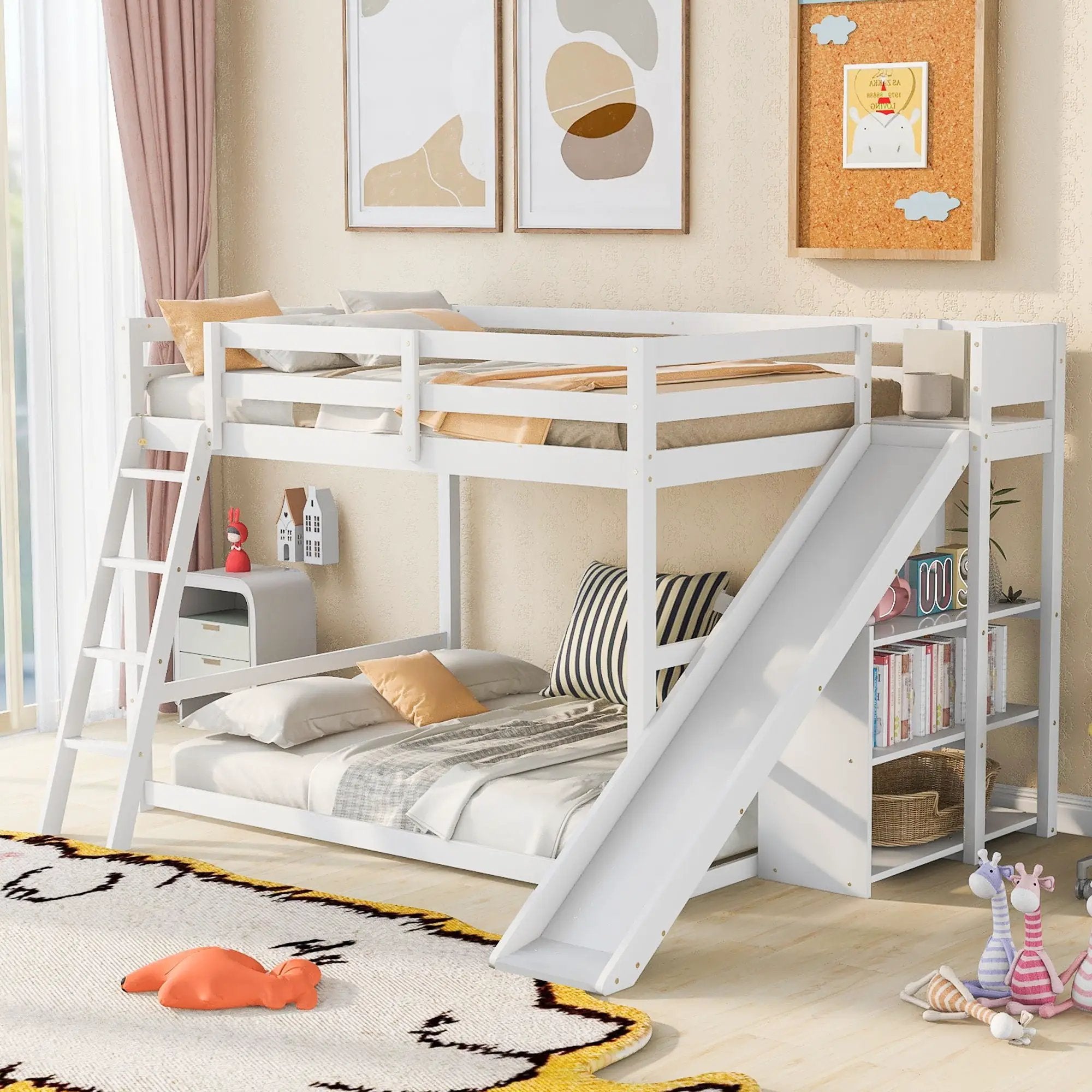 Bunk Bed With Ladder, Slide, And Shelves Pine Wood by HouseOfZazla