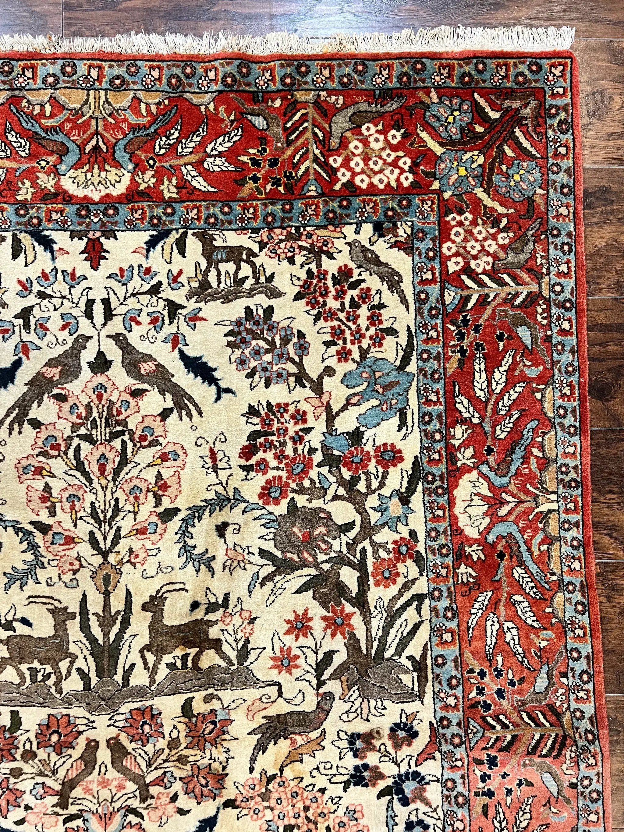 Persian Tree of Life 5x7, Qum Rug, Animal Motifs, Deer Birds, Fine 225 KPSI, Semi Antique Wool Rug, Cream Red by Jewel Rugs