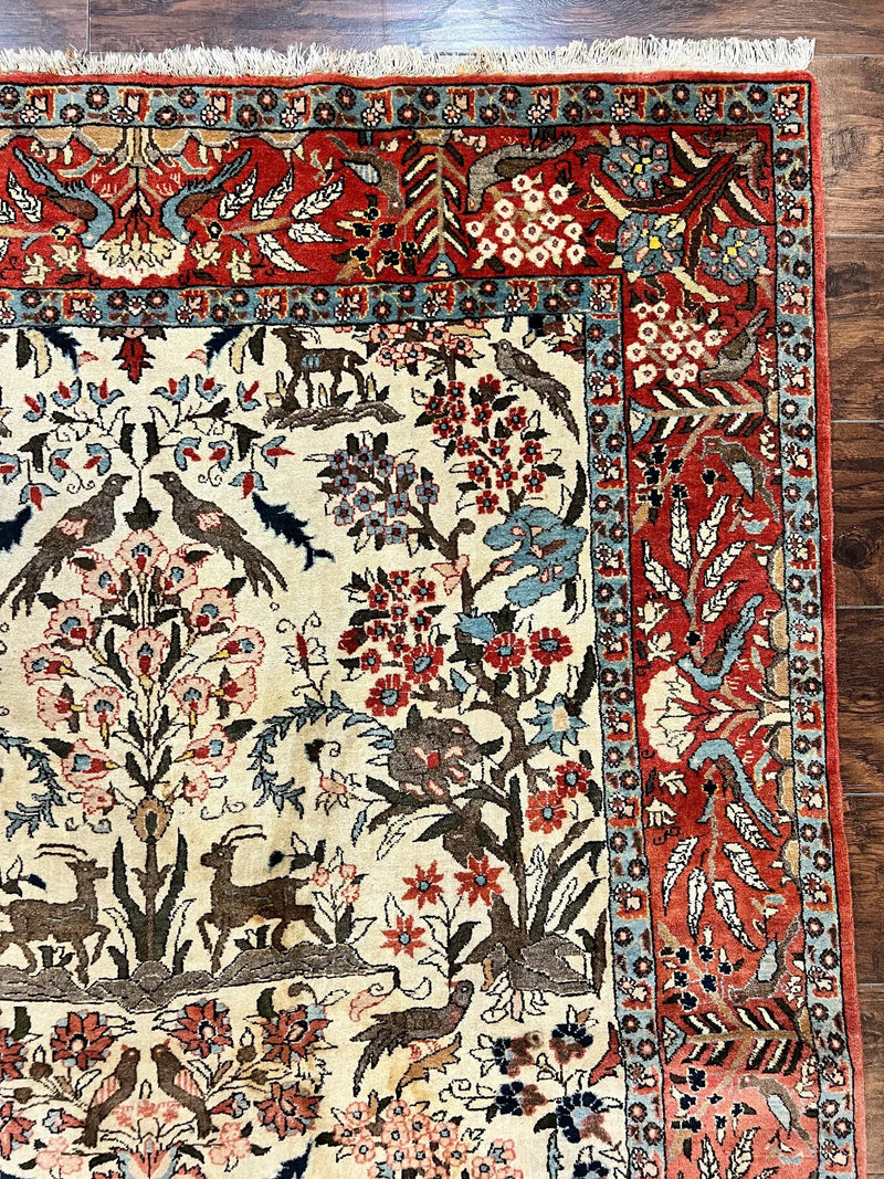 Persian Tree of Life 5x7, Qum Rug, Animal Motifs, Deer Birds, Fine 225 KPSI, Semi Antique Wool Rug, Cream Red by Jewel Rugs